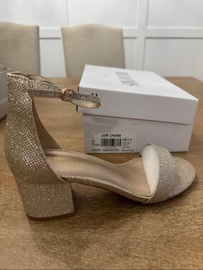 Gold Glitter Low-Chunk Heel Sandal with Ankle Strap - Women